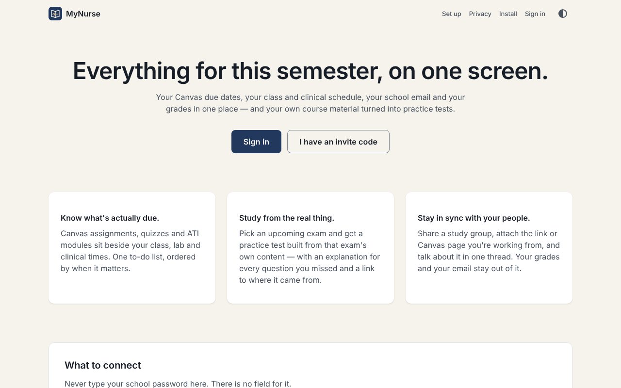 MyNurse home page: Everything for this semester, on one screen